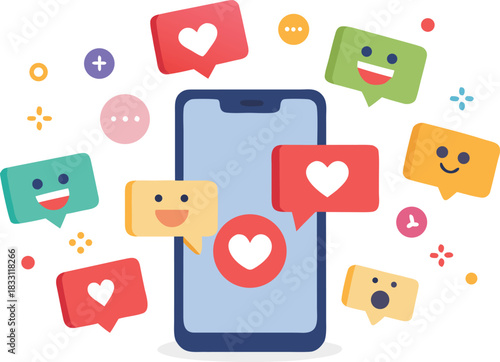 Smartphone screen with floating hearts and emojis vector illustration for social media engagement