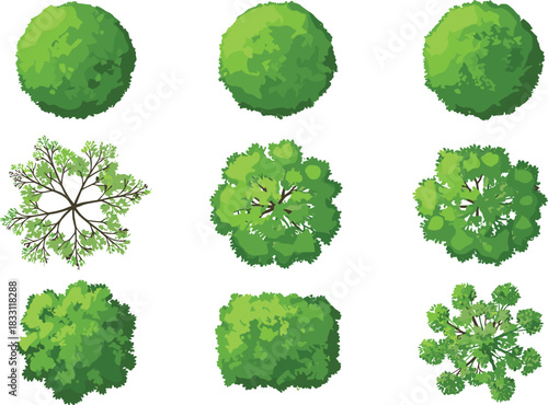 Set of nine detailed vector illustrations of various green tree and bush tops, perfect for modern architectural plans, mapping, and landscape design projects.
