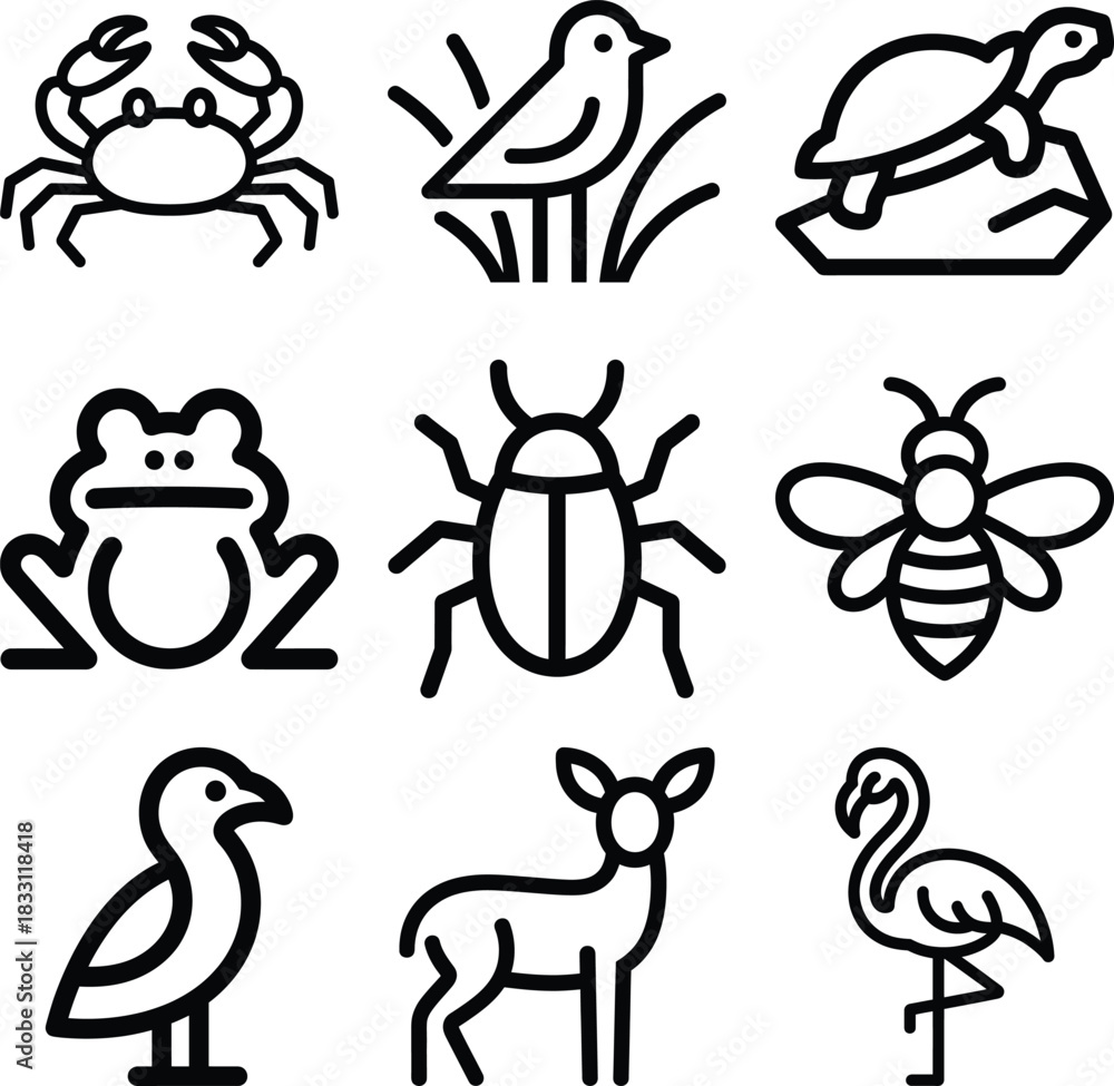 Obraz premium Collection of simple line art icons representing various animals