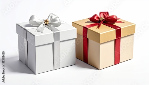 Two elegantly wrapped gift boxes with festive ribbons and bows on a clean white background.