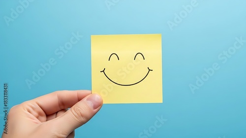  A hand holding a yellow happy smile face on blue background post-it note with a joyful expression, perfect for a motivational message or a quick moment of encouragement.