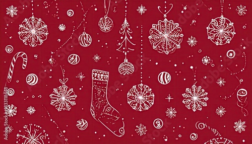 Whimsical White Christmas Doodle Pattern Featuring Snowflakes Ornaments and Stocking on Red Background.