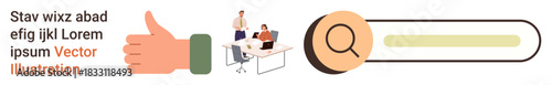 Team collaboration, online searching, approval process, feedback, teamwork, SEO tools. Team meeting at a desk, thumbs-up gesture and a search bar. Team collaboration and online searching theme