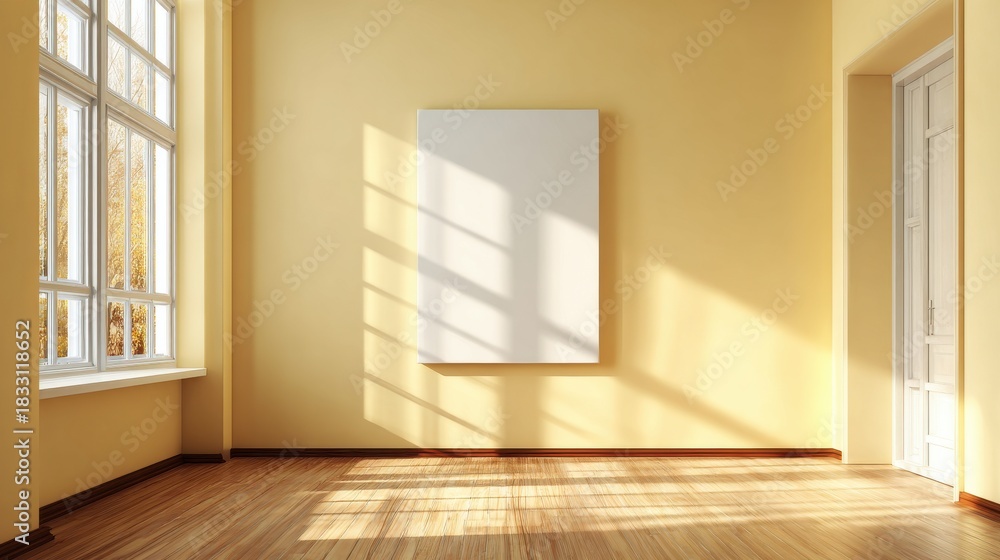 Fototapeta premium Room interior with blank canvas and sunlight