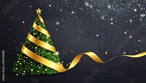 Festive Christmas Tree Decorated with Golden Ribbon and Sparkling Lights Against a Starry Night Sky.