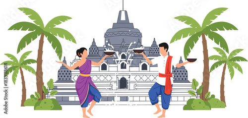Traditional Indonesian Dancers Performing in Front of the Ancient Buddhist Temple Borobudur in Central Java Surrounded by Tropical Palm Trees Vector