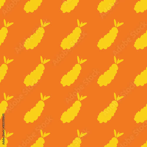 Golden Tempura Shrimp Pattern on Vibrant Orange Background Abstract Food Illustration Perfect for Culinary Designs