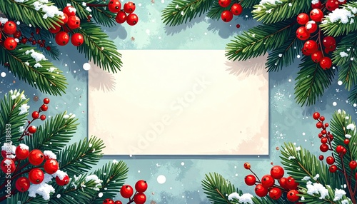 Festive Christmas border with pine branches and red berries surrounding blank space for text.