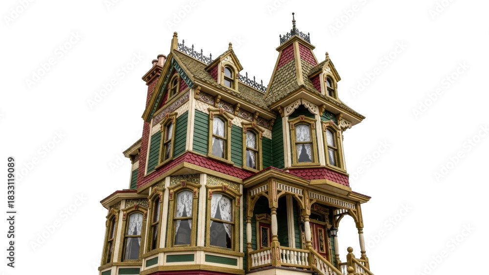 Fototapeta premium Isolated Victorian-style dollhouse, ornate architecture, intricate details, miniature house