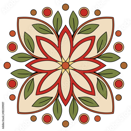 Clean Folk Art Flower and Branch Illustration Holiday and Christmas Graphic Asset
