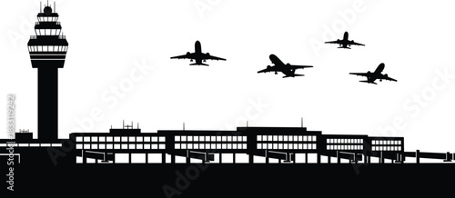 Black silhouette of an airport control tower and terminal buildings with airplanes in flight