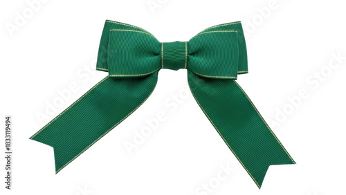 Isolated green ribbon bow with gold trim for holiday decorating and special events uses