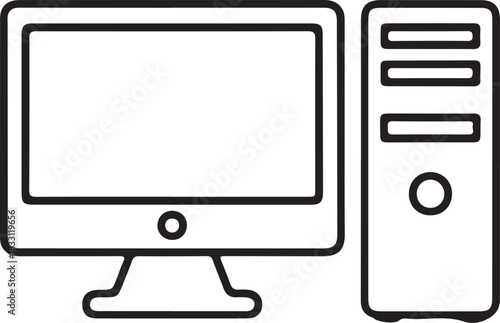 Desktop computer outline icon illustration, Simple black outline illustration of a desktop computer with monitor and tower, useful for technology guides, tutorials, and digital interface graphics.

