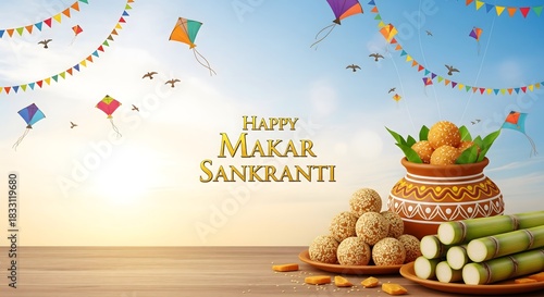 Happy Makar Sankranti Festival Illustration with Colorful Kites, Tilgul Ladoo, Sugarcane Stems, Decorated Clay Pot, Festive Garlands and Sunrise Sky – Indian Harvest Celebration Background Design