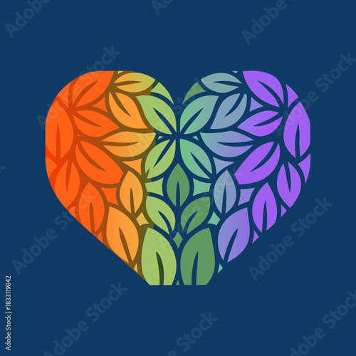 Rainbow heart shape with leaf pattern on dark blue background