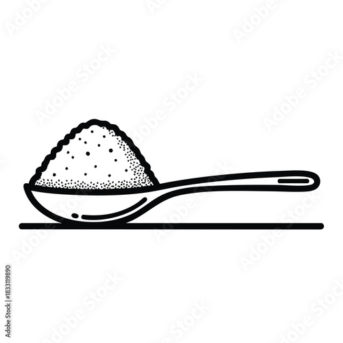 A simple black and white line drawing of a spoon filled with granular sugar resting on a flat surface illustrating a common kitchen ingredient for