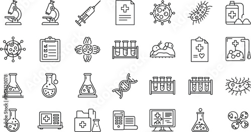 Medical laboratory and microbiology line icons set illustrating virus research, DNA analysis, test tubes, microscope study, infection diagnostics and scientific healthcare