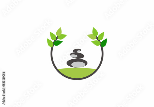 stone balance. green leaf spa symbol, wellness logo vector