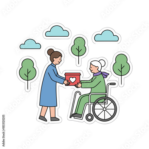 Generous Volunteer Offers Donation Box to Elderly Woman in Wheelchair Surrounded by Trees and Clouds in a Heartwarming Outdoor Scene
