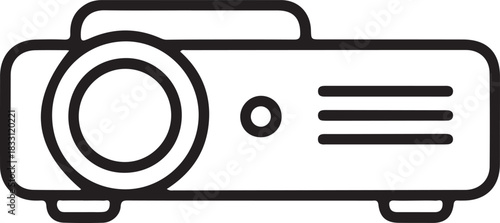 Projector icon for presentations and media display, Simple black line projector icon illustrating technology for presentations, meetings, classrooms, and home cinema setups in a clean minimal style.

