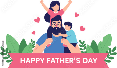 Happy Father's Day Celebration Vector Showing Loving Dad with His Daughter and Son on Shoulders Bounding Joyfully