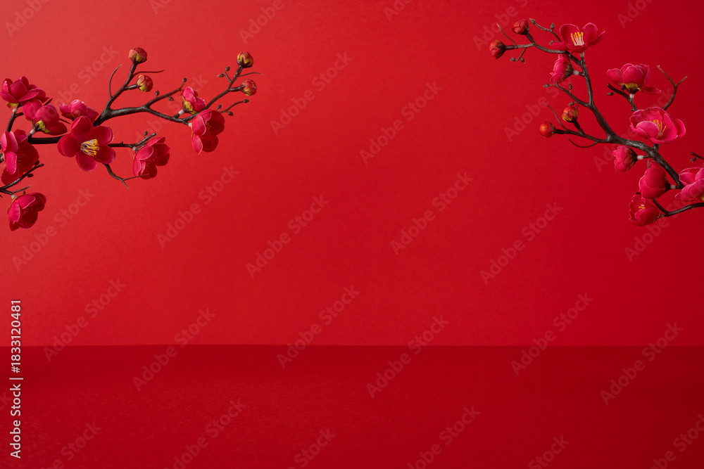 Fototapeta premium Side view of a red Chinese New Year backdrop with pink blossoms on dark branches, conveying festive warmth, renewal, and greeting for the holiday season