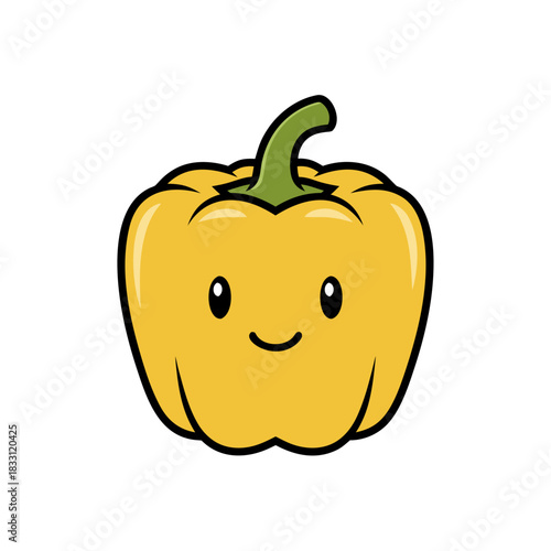Cute Yellow Bell Pepper Character with a Smiling Face and Green Stem Isolated on a Black Background Simple Vector Art