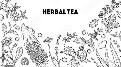 Herbal Tea vector drawing illustration. Herbal tea ingredients. Healthy food and drink . Vector drawing sketch collection. Engraved style.