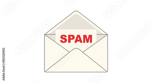 A flat illustration of an opened envelope with the word spam inside