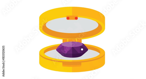 Open jewelry box displaying a vibrant purple gemstone with a sparkling facet