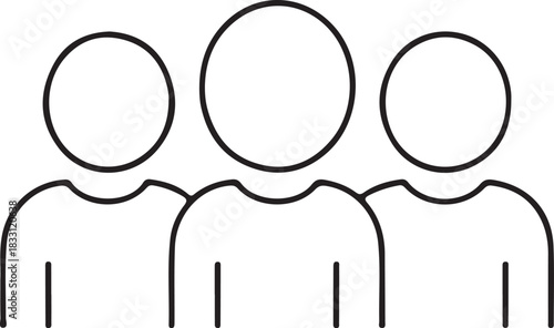 Group of people outline icon, Simple black line illustration of three figures standing together, representing teamwork, community, collaboration, or group membership.

