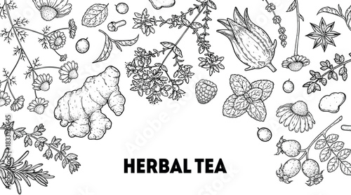 Herbal Tea vector drawing illustration. Herbal tea ingredients. Healthy food and drink . Vector drawing sketch collection. Engraved style.