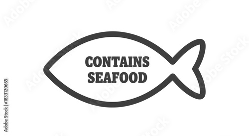 Simple black and white icon of a fish with text inside contains seafood