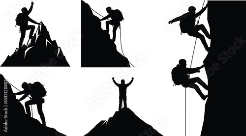 Black silhouette climbers ascending steep rocky mountains and peaks climbing mountaineering
