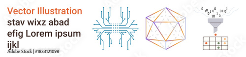 Artificial intelligence, data processing, scientific research, machine learning, technology innovation, digital transformation. Circuit design, geometric shapes, and data funnel illustration