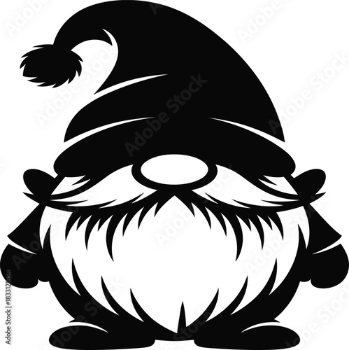 Stylized Gnome Silhouette Illustration with Pointed Hat and Bushy Beard on White Background