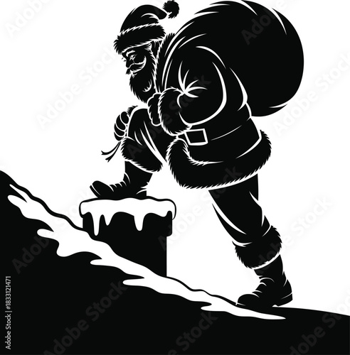 Silhouette of Santa Claus Climbing Snowy Chimney with Gift Sack, Black and White Graphic Illustration