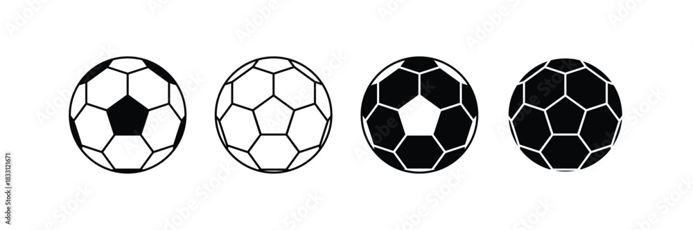 Fototapeta premium Simple four black soccer ball icons set. Football graphic vector collection for sports events, logo, championship, or tournament design