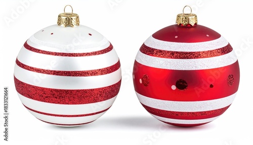 Two Red and White Striped Christmas Ornament Balls Isolated on White Background