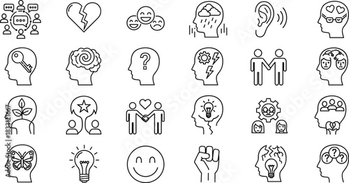 Mental health and psychology line icons set featuring emotions, mindset, depression, stress, communication, personal growth, relationships, therapy, and wellness symbols