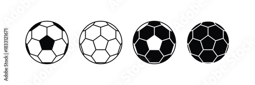 Simple four black soccer ball icons set. Football graphic vector collection for sports events, logo, championship, or tournament design