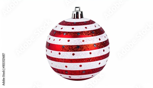 Red and White Striped Christmas Ornament Ball Isolated on White Background