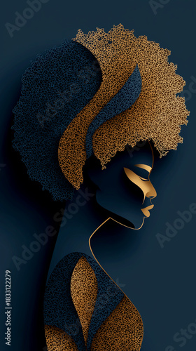 Striking portrait of a black woman with ornate golden hair and intricate patterns