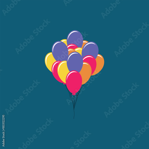 Flat design party balloons illustration. Isolated vector clip art bundle of floating, brightly colored air decoration. Set of floating celebration balloons in various arrangements