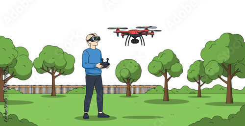 Person Flying a Remote Control Drone with Camera Using Virtual Reality Goggles and Controller Outdoors in the Park Vector Illustration