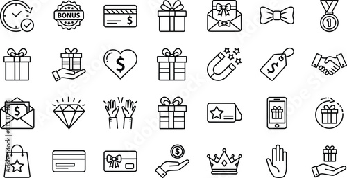 Rewards and gift icons set featuring bonuses, loyalty points, discounts, presents, money incentives, premium benefits, customer rewards, promotional offers, and celebration symbols