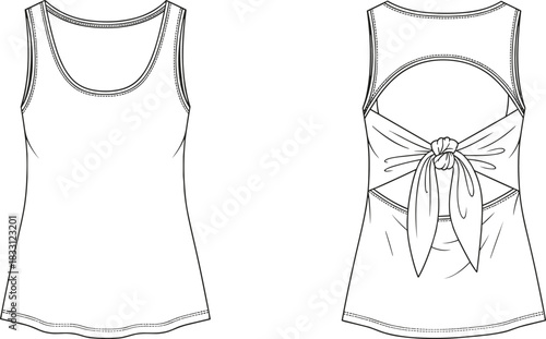Black and white line drawing of a women's tank top front and back view t-shirt sleeveless