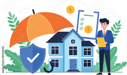 Home Insurance and Property Protection Concept Vector Illustration Featuring Real Estate Agent, Safety Shield, Umbrella, and Financial Policy Documents