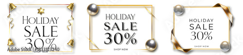 Three holiday sale advertisements with gold frames and decorative elements on a white background