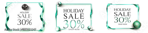 Three holiday sale ads with thirty percent off and shop now buttons on a white background